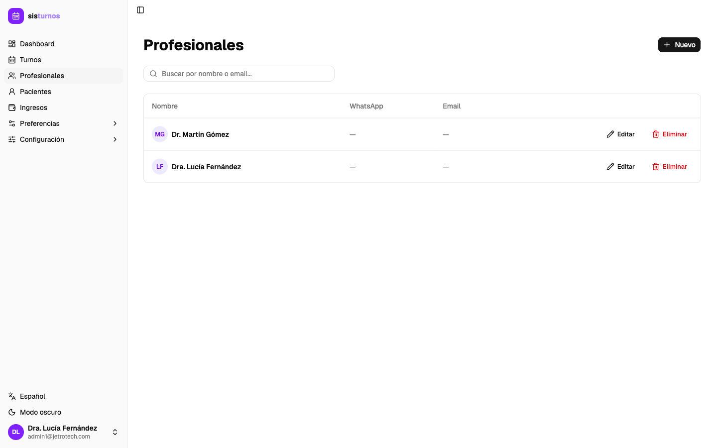 Listado de profesionales de la clínica