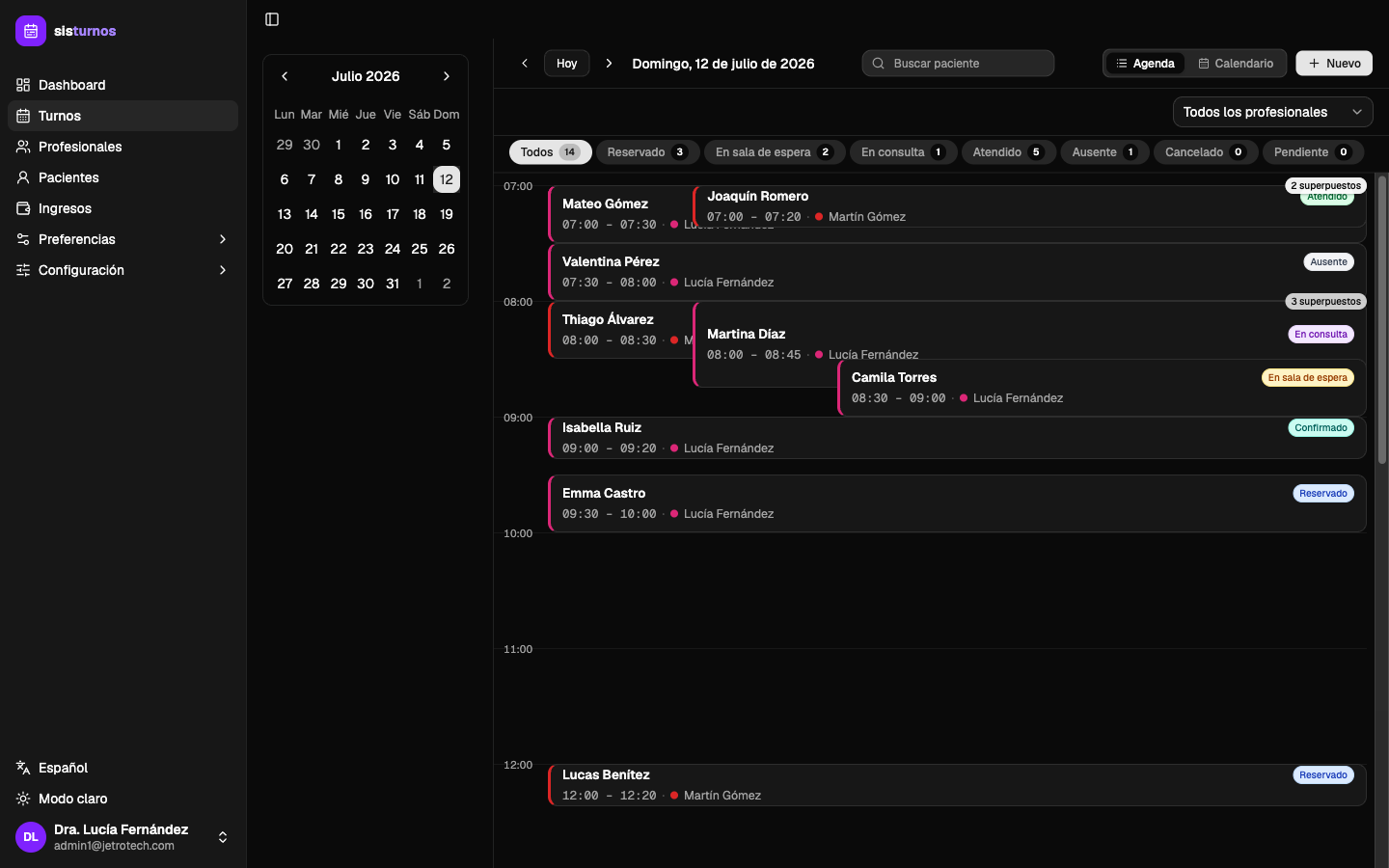 Agenda del día de SisTurnos en modo oscuro